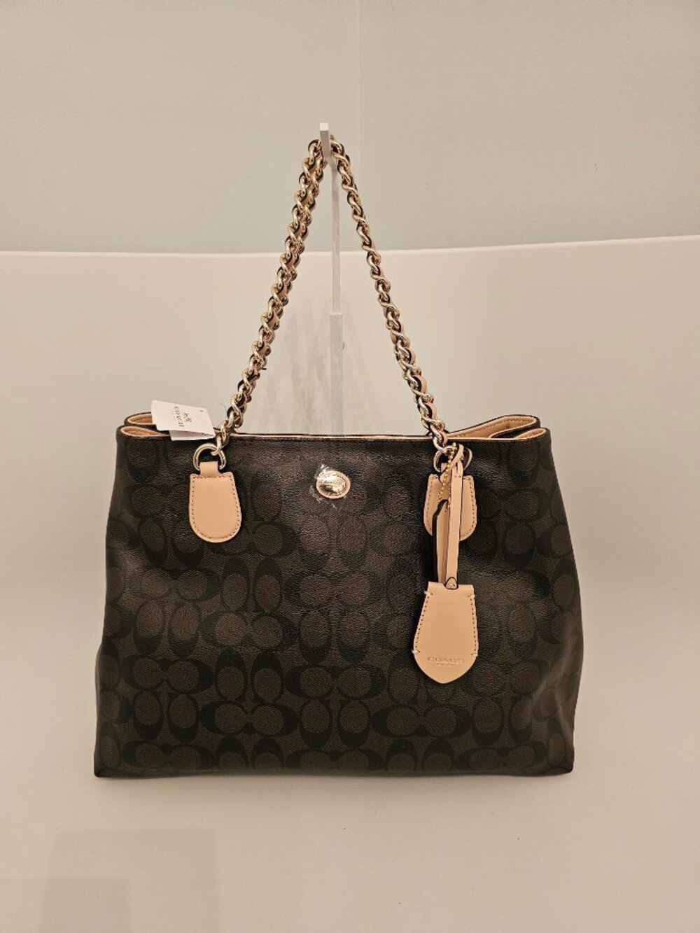 Coach Peyton Signature Chain Tote Bag - Brown/Black with Tan Trim F32835